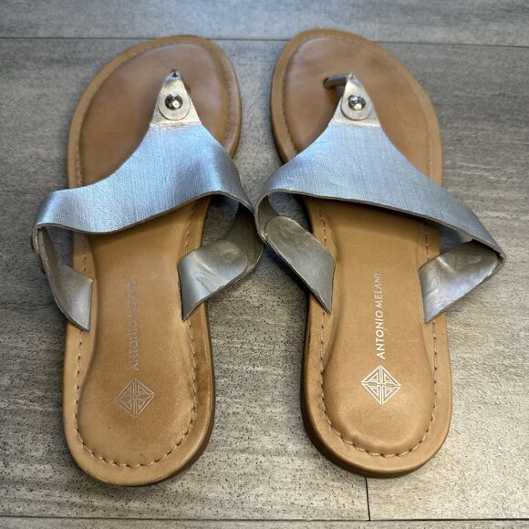 Antonio Melani Lennore Womens Silver Color Leather Flat Sandals Toe Thong 11M - Picture 3 of 4